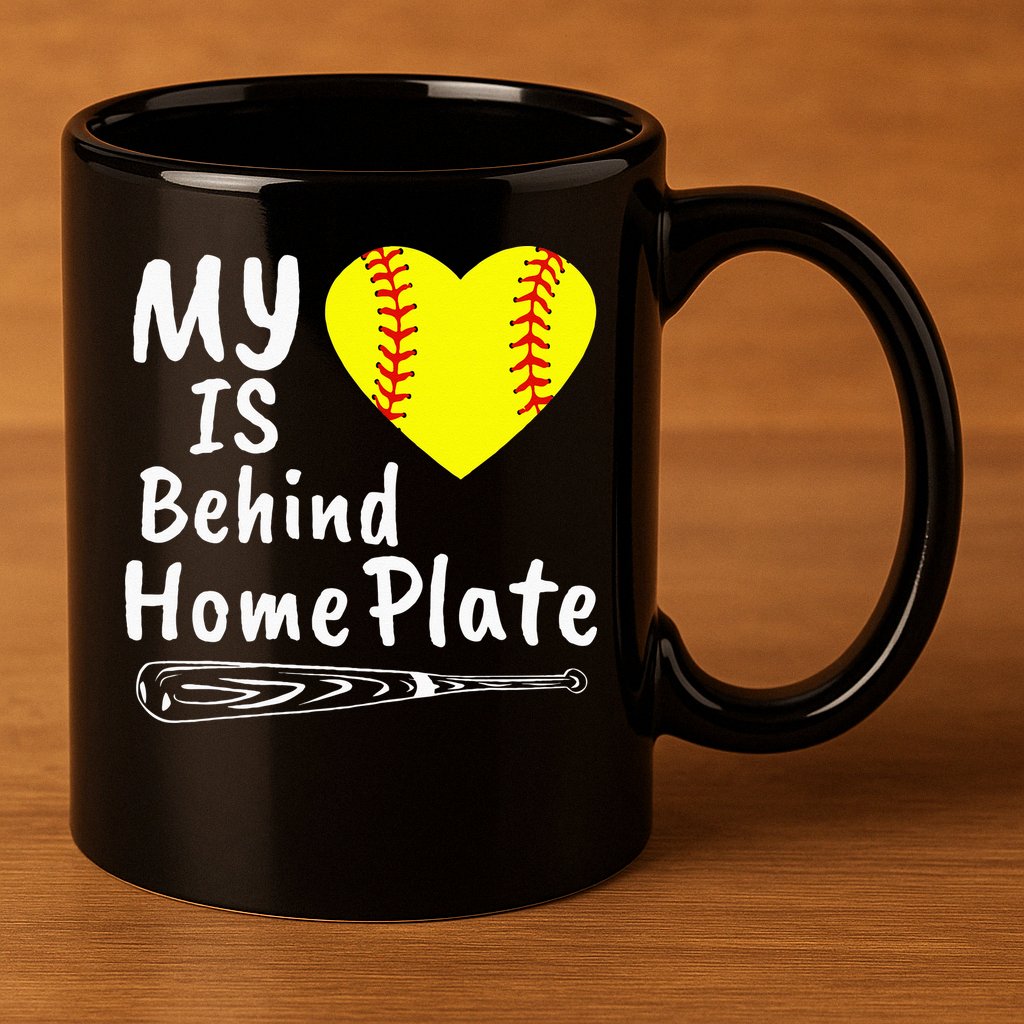 My Heart Is Behind Home Plate Softball Proud Mom Dad 11oz C Handle Ceramic Mug