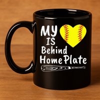 My Heart Is Behind Home Plate Softball Proud Mom Dad 11oz C Handle Ceramic Mug