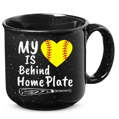 My Heart Is Behind Home Plate Softball Proud Mom Dad 15oz Campfire Ceramic Mug