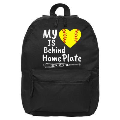 My Heart Is Behind Home Plate Softball Proud Mom Dad 16 in Basic Backpack