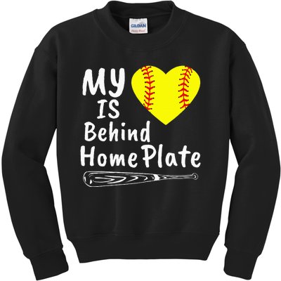 My Heart Is Behind Home Plate Softball Proud Mom Dad Kids Sweatshirt