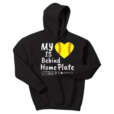 My Heart Is Behind Home Plate Softball Proud Mom Dad Kids Hoodie