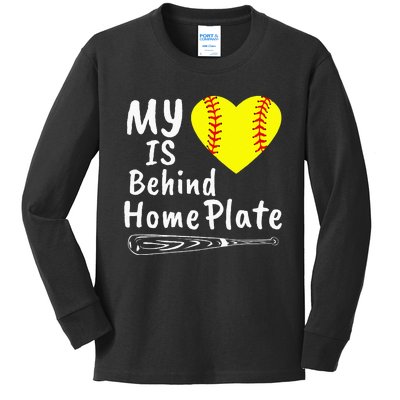 My Heart Is Behind Home Plate Softball Proud Mom Dad Kids Long Sleeve Shirt