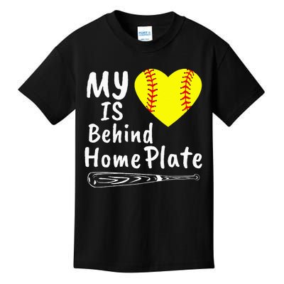 My Heart Is Behind Home Plate Softball Proud Mom Dad Kids T-Shirt