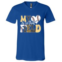 My Heart Is On That Field Tee Leopard Baseball Softball Mom Gift V-Neck T-Shirt