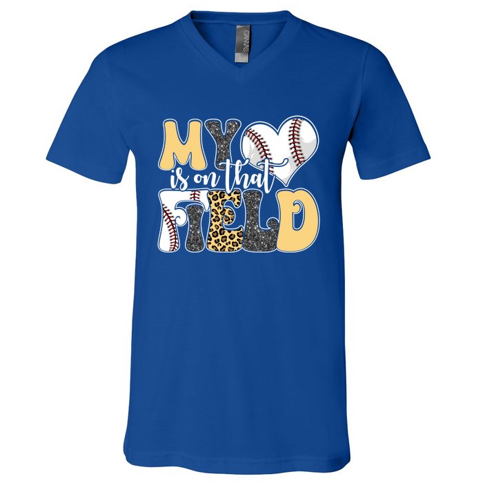 My Heart Is On That Field Tee Leopard Baseball Softball Mom Gift V-Neck T-Shirt