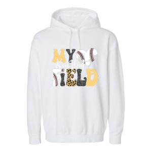 My Heart Is On That Field Tee Leopard Baseball Softball Mom Gift Garment-Dyed Fleece Hoodie