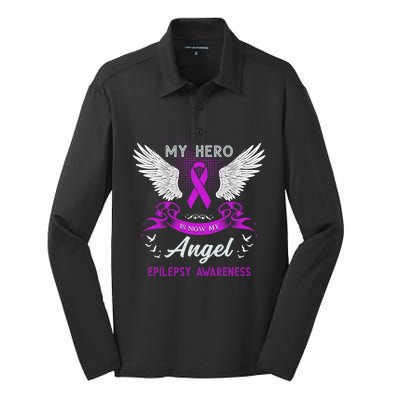 My Hero Is Now My Angel Epilepsy Awareness Purple Ribbon Gift Silk Touch Performance Long Sleeve Polo