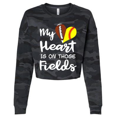 My Heart Is On Those Fields Football Softball Player Mom Gift Cropped Pullover Crew