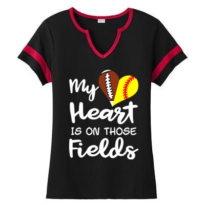 My Heart Is On Those Fields Football Softball Player Mom Gift Ladies Halftime Notch Neck Tee