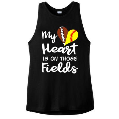 My Heart Is On Those Fields Football Softball Player Mom Gift Ladies PosiCharge Tri-Blend Wicking Tank