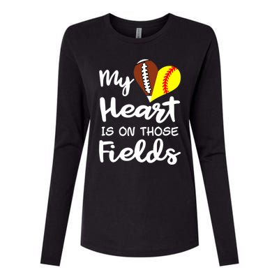 My Heart Is On Those Fields Football Softball Player Mom Gift Womens Cotton Relaxed Long Sleeve T-Shirt