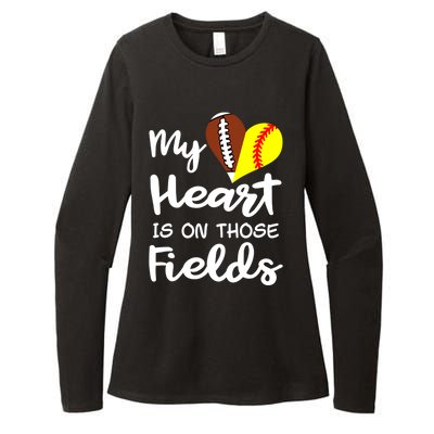 My Heart Is On Those Fields Football Softball Player Mom Gift Womens CVC Long Sleeve Shirt