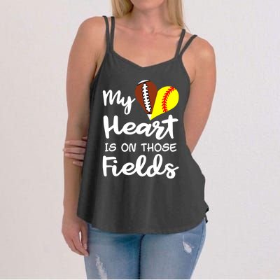 My Heart Is On Those Fields Football Softball Player Mom Gift Women's Strappy Tank