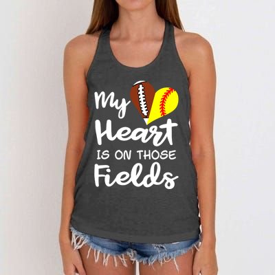 My Heart Is On Those Fields Football Softball Player Mom Gift Women's Knotted Racerback Tank