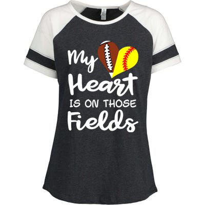 My Heart Is On Those Fields Football Softball Player Mom Gift Enza Ladies Jersey Colorblock Tee