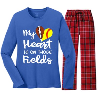 My Heart Is On Those Fields Football Softball Player Mom Gift Women's Long Sleeve Flannel Pajama Set 