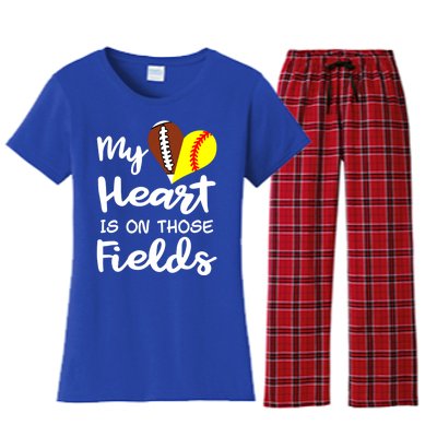 My Heart Is On Those Fields Football Softball Player Mom Gift Women's Flannel Pajama Set