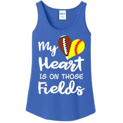 My Heart Is On Those Fields Football Softball Player Mom Gift Ladies Essential Tank