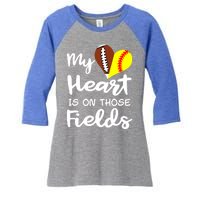 My Heart Is On Those Fields Football Softball Player Mom Gift Women's Tri-Blend 3/4-Sleeve Raglan Shirt