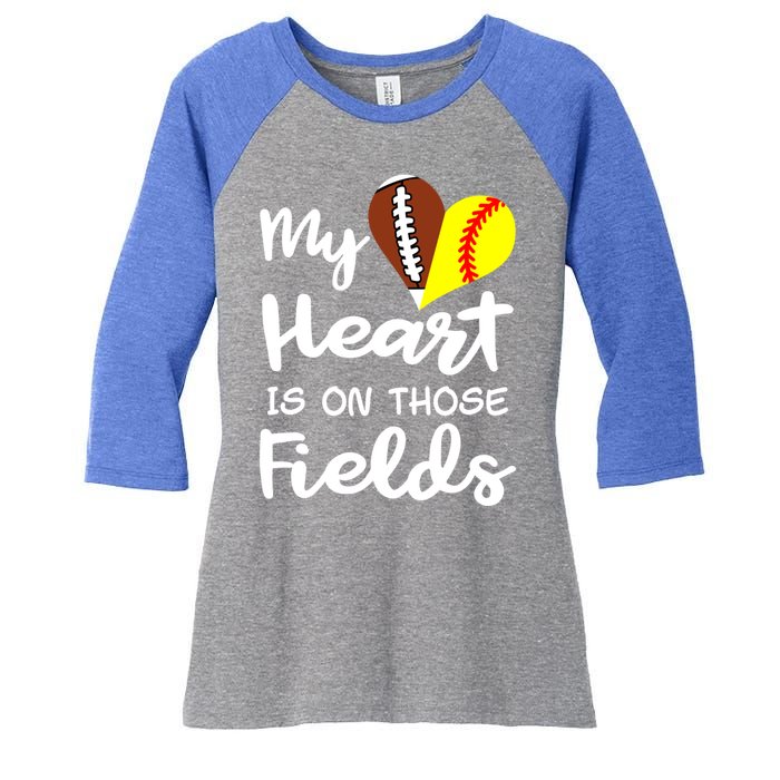 My Heart Is On Those Fields Football Softball Player Mom Gift Women's Tri-Blend 3/4-Sleeve Raglan Shirt