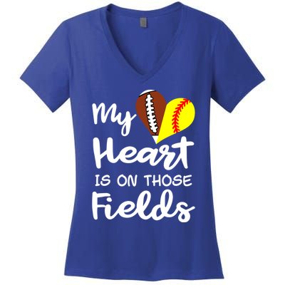 My Heart Is On Those Fields Football Softball Player Mom Gift Women's V-Neck T-Shirt