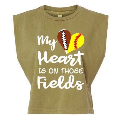 My Heart Is On Those Fields Football Softball Player Mom Gift Garment-Dyed Women's Muscle Tee