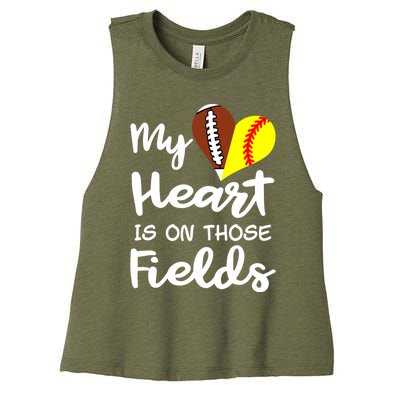 My Heart Is On Those Fields Football Softball Player Mom Gift Women's Racerback Cropped Tank