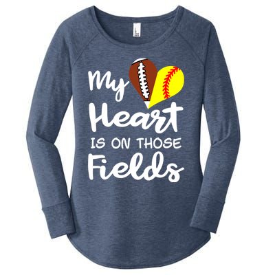 My Heart Is On Those Fields Football Softball Player Mom Gift Women's Perfect Tri Tunic Long Sleeve Shirt