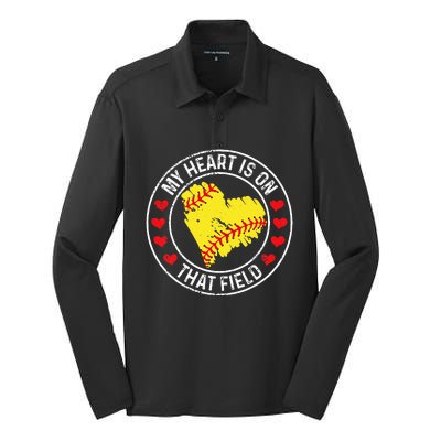 My Heart Is On That Field Baseball Softball Mom Silk Touch Performance Long Sleeve Polo