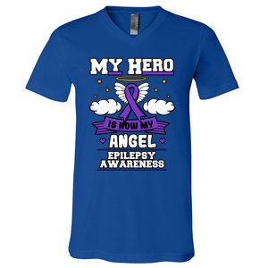 My Hero Is Now My Angel Epilepsy Purple Ribbon Epileptic Meaningful Gift V-Neck T-Shirt