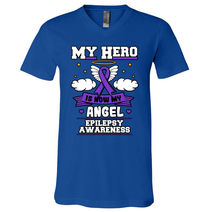 My Hero Is Now My Angel Epilepsy Purple Ribbon Epileptic Meaningful Gift V-Neck T-Shirt