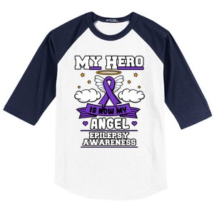 My Hero Is Now My Angel Epilepsy Purple Ribbon Epileptic Meaningful Gift Baseball Sleeve Shirt