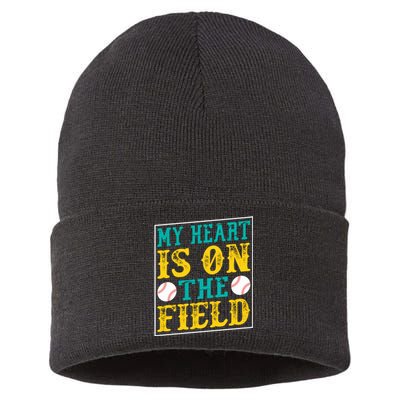 My Heart Is On The Field Funny Baseball Gift Sustainable Knit Beanie