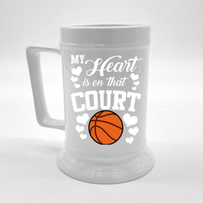 My Heart Is On That Court Basketball Mom Dad Husband Funny Gift Beer Stein