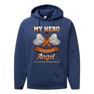 My Hero Is Now My Angel Leukemia Orange Ribbon Bone Marrow Gift Performance Fleece Hoodie