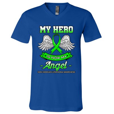 My Hero Is Now My Angel Ribbon Nonfunny Gifthodgkin Lymphoma Gift V-Neck T-Shirt