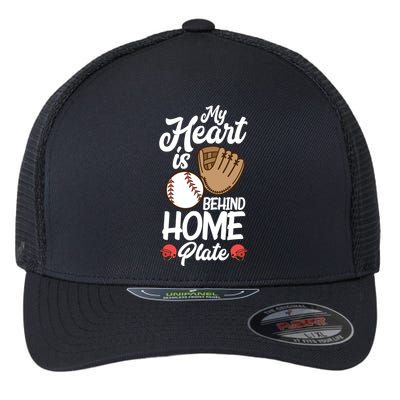 My Heart Is Behind Home Proud Baseball Mom Funny Gift Flexfit Unipanel Trucker Cap