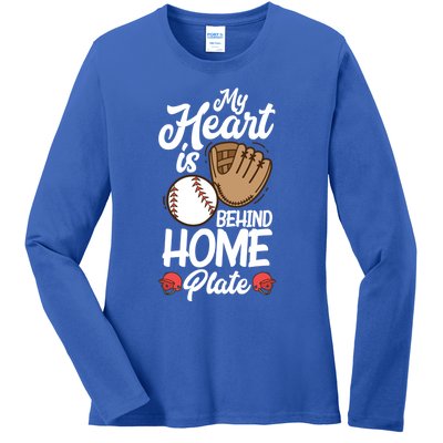 My Heart Is Behind Home Proud Baseball Mom Funny Gift Ladies Long Sleeve Shirt