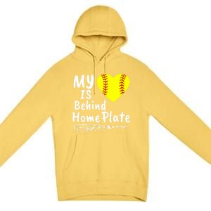 My Heart Is Behind Home Plate Softball Proud Mom Dad Gift Premium Pullover Hoodie