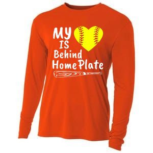 My Heart Is Behind Home Plate Softball Proud Mom Dad Gift Cooling Performance Long Sleeve Crew