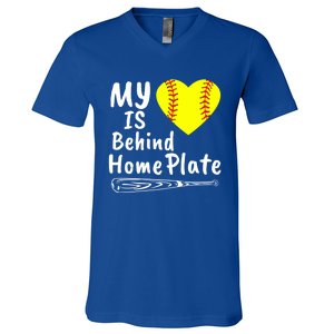 My Heart Is Behind Home Plate Softball Proud Mom Dad Gift V-Neck T-Shirt