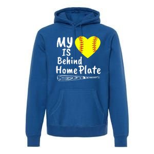 My Heart Is Behind Home Plate Softball Proud Mom Dad Gift Premium Hoodie