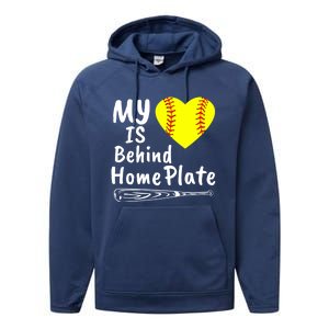 My Heart Is Behind Home Plate Softball Proud Mom Dad Gift Performance Fleece Hoodie