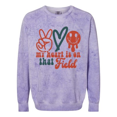 My Heart Is On That Field Retro Gift Peace Love Baseball Gift Colorblast Crewneck Sweatshirt