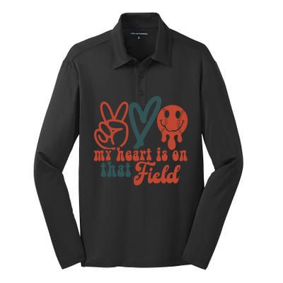 My Heart Is On That Field Retro Gift Peace Love Baseball Gift Silk Touch Performance Long Sleeve Polo