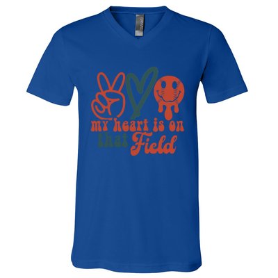 My Heart Is On That Field Retro Gift Peace Love Baseball Gift V-Neck T-Shirt