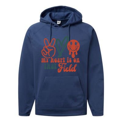 My Heart Is On That Field Retro Gift Peace Love Baseball Gift Performance Fleece Hoodie