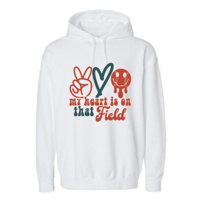 My Heart Is On That Field Retro Gift Peace Love Baseball Gift Garment-Dyed Fleece Hoodie