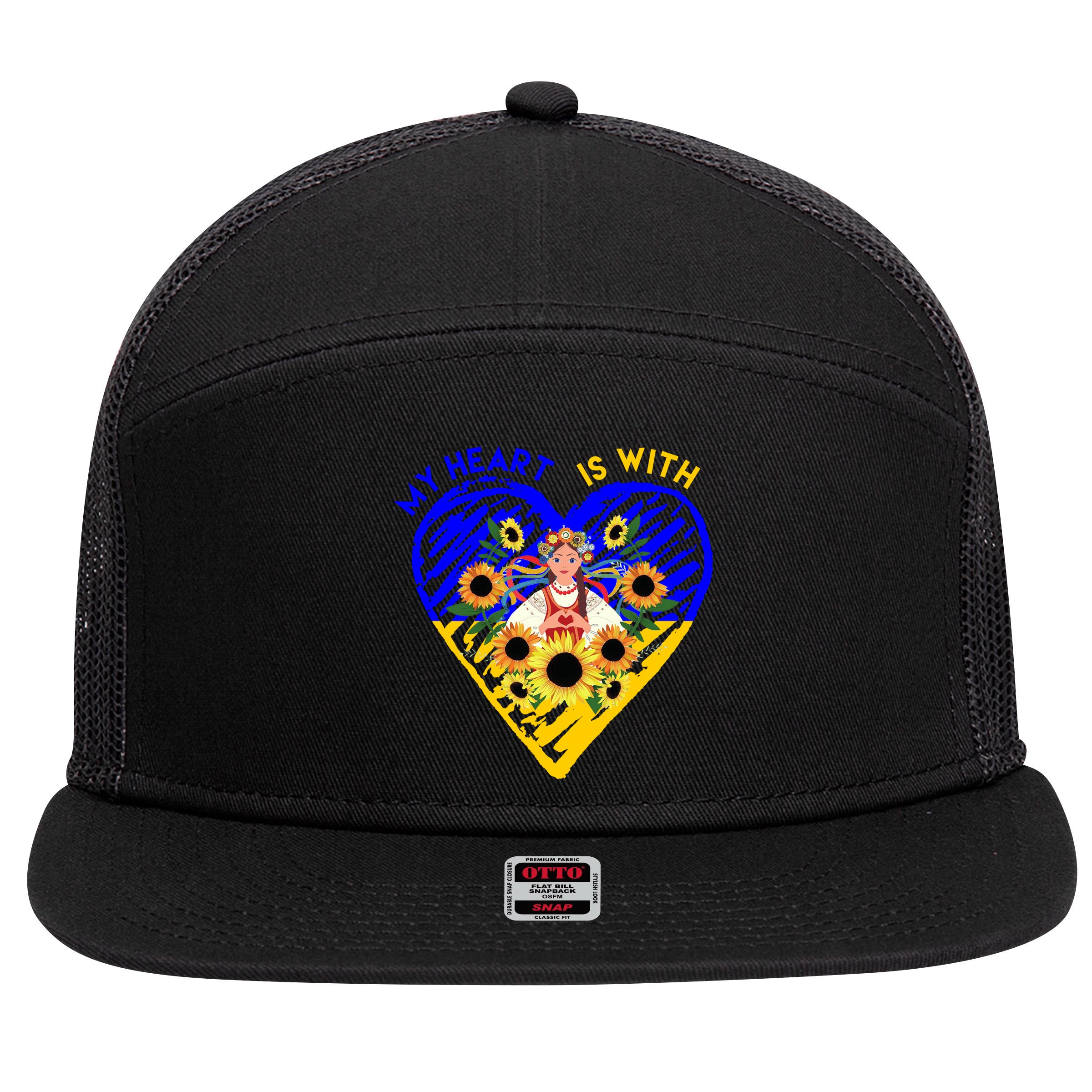 My Heart Is With Ukraine Sunflower 7 Panel Mesh Trucker Snapback Hat